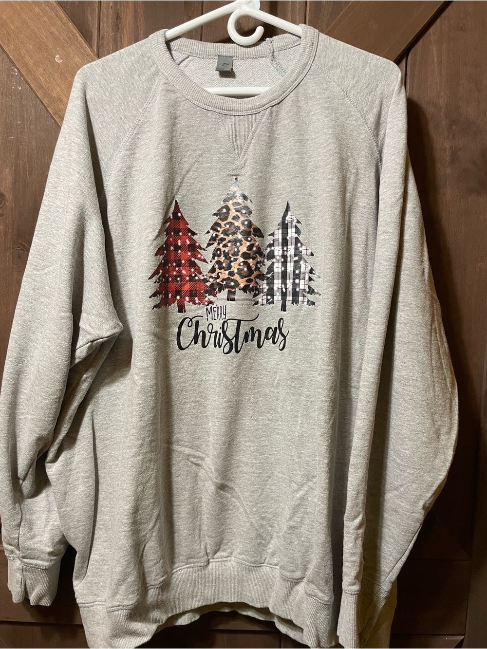 Heritage Light Gray Crewneck with Red Plaid, Brown Leopard & Black Plaid Trees